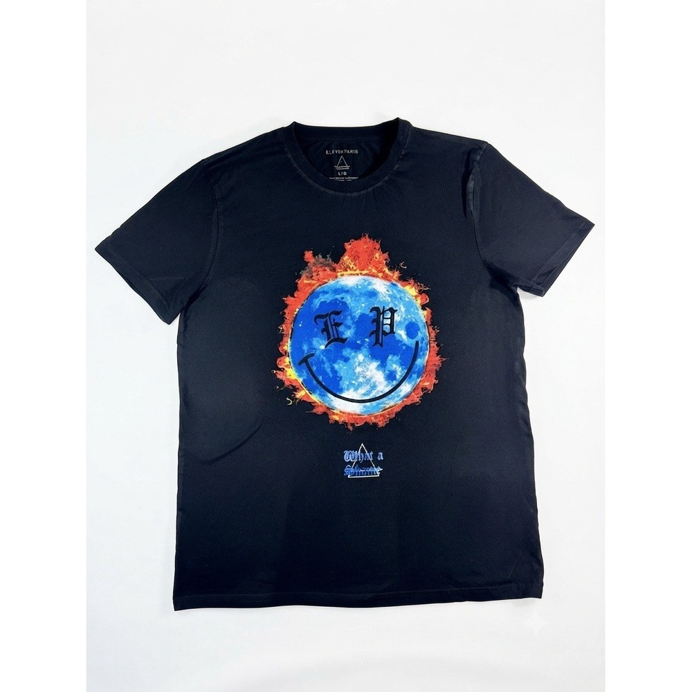 Eleven Paris What A Shame Graphic Smiley Face Fire Short Sleeve T-Shirt Large
